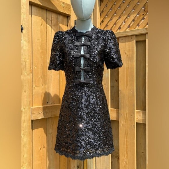 🆕 REBECCA VALLANCE 🧿 NWOT x Nicky Hilton Diana Black Bow Sequin Mini, Sz US 4 - Picture 10 of 16